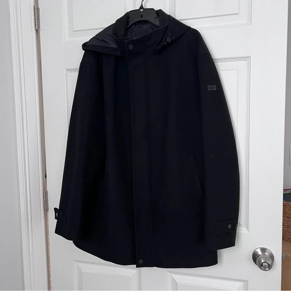 DKNY Men's Sleek Black Overcoat Top Coat Wool Blend